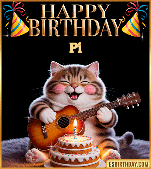 Funny happy birthday GIF for Pi with a cute cat playing guitar next to a birthday cake with candle – personalized animated birthday greeting with a joyful and playful vibe