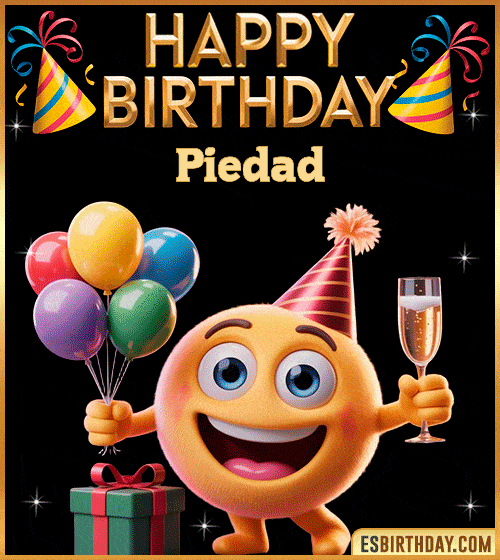 Happy Birthday Piedad PNG image with a smiling emoji holding balloons and a glass of champagne, perfect cheerful picture to celebrate birthdays