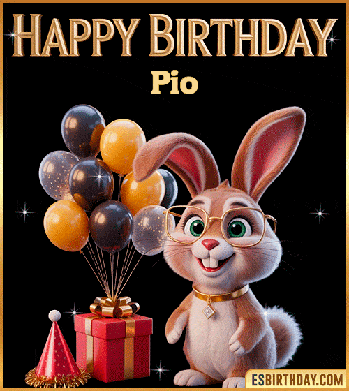 Funny happy birthday GIF for Pio featuring a cute bunny with glasses, festive balloons and a gift box – personalized animated birthday greeting with a playful and joyful vibe