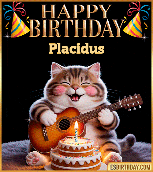 Funny happy birthday GIF for Placidus with a cute cat playing guitar next to a birthday cake with candle – personalized animated birthday greeting with a joyful and playful vibe