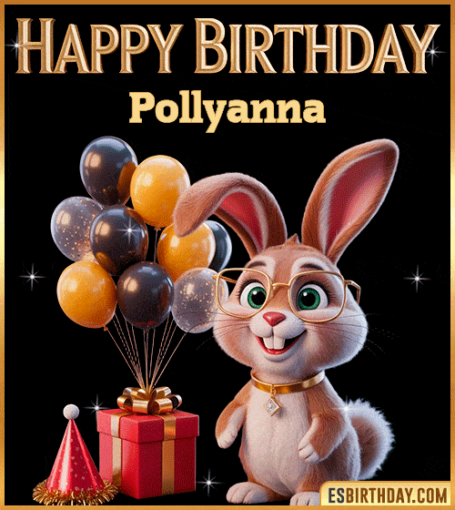 Funny happy birthday GIF for Pollyanna featuring a cute bunny with glasses, festive balloons and a gift box – personalized animated birthday greeting with a playful and joyful vibe