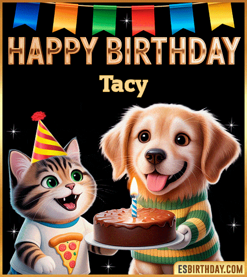 Cute funny happy birthday animated GIF with puppy and kitten celebrating, personalized for Tacy with cake and party hat, cheerful birthday greeting image