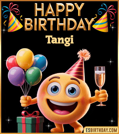 Happy Birthday Tangi PNG image with a smiling emoji holding balloons and a glass of champagne, perfect cheerful picture to celebrate birthdays