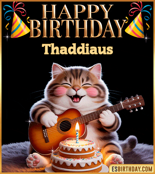 Funny happy birthday GIF for Thaddiaus with a cute cat playing guitar next to a birthday cake with candle – personalized animated birthday greeting with a joyful and playful vibe
