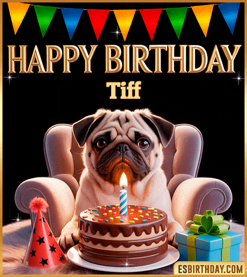 Funny happy birthday GIF for Tiff featuring a cute pug sitting on a chair with a chocolate cake, birthday hat, candle, and colorful decorations – perfect funny dog-themed birthday greeting