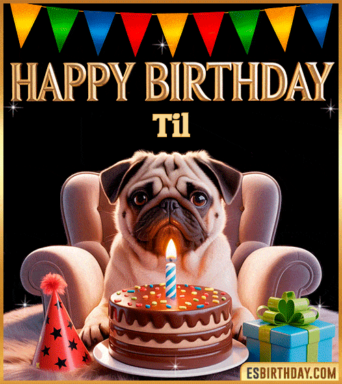 Funny happy birthday GIF for Til featuring a cute pug sitting on a chair with a chocolate cake, birthday hat, candle, and colorful decorations – perfect funny dog-themed birthday greeting