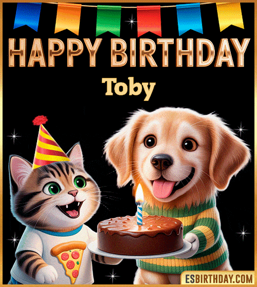 Cute funny happy birthday animated GIF with puppy and kitten celebrating, personalized for Toby with cake and party hat, cheerful birthday greeting image