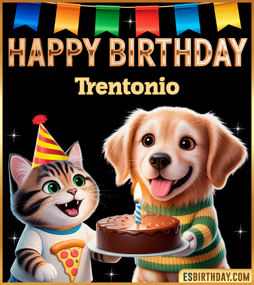 Cute funny happy birthday animated GIF with puppy and kitten celebrating, personalized for Trentonio with cake and party hat, cheerful birthday greeting image
