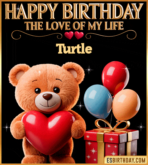 Romantic happy birthday GIF for Turtle with a cute teddy bear holding a red heart, balloons and gift box – personalized animated birthday greeting for the love of my life
