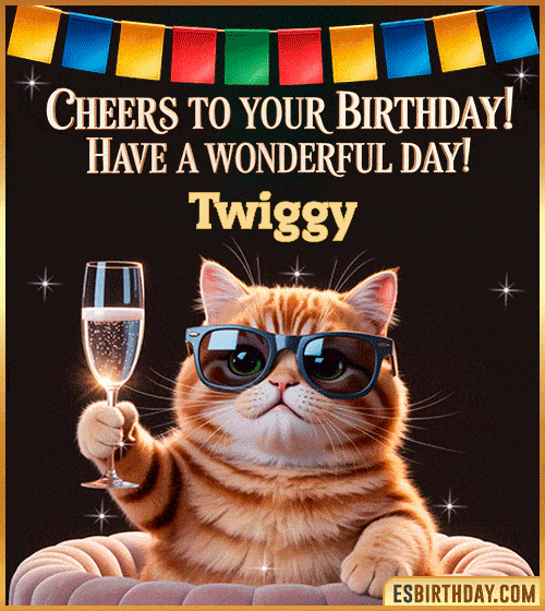 Funny happy birthday GIF for Twiggy featuring a cool cat wearing sunglasses holding a champagne glass – personalized animated birthday greeting with a cheerful and classy vibe