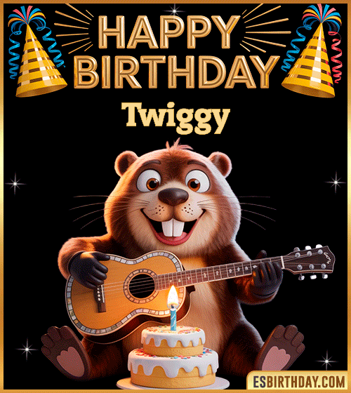 Funny Happy Birthday GIF for Twiggy – a cute beaver playing guitar next to a birthday cake and colorful party decorations, sending warm and joyful birthday wishes.
