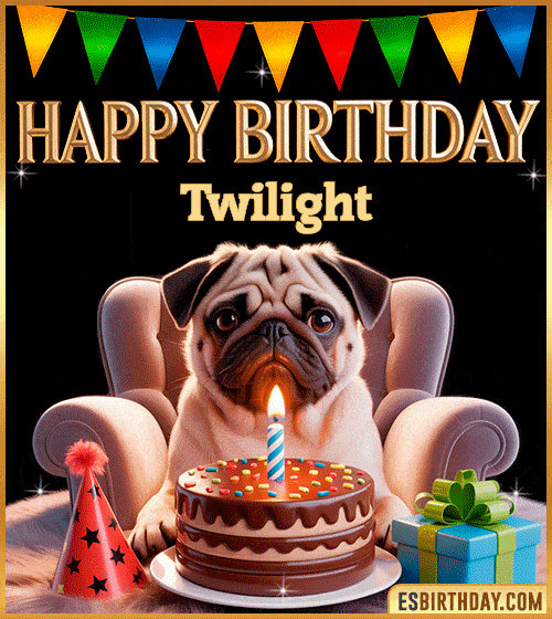 Funny happy birthday GIF for Twilight featuring a cute pug sitting on a chair with a chocolate cake, birthday hat, candle, and colorful decorations – perfect funny dog-themed birthday greeting