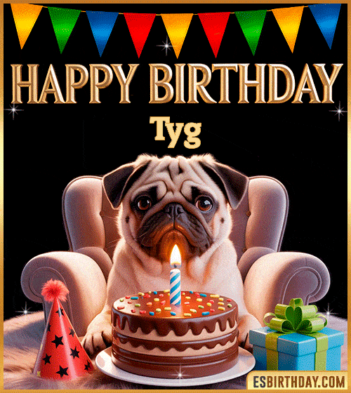 Funny happy birthday GIF for Tyg featuring a cute pug sitting on a chair with a chocolate cake, birthday hat, candle, and colorful decorations – perfect funny dog-themed birthday greeting