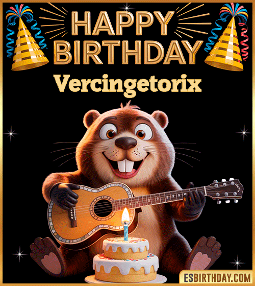 Funny Happy Birthday GIF for Vercingetorix – a cute beaver playing guitar next to a birthday cake and colorful party decorations, sending warm and joyful birthday wishes.