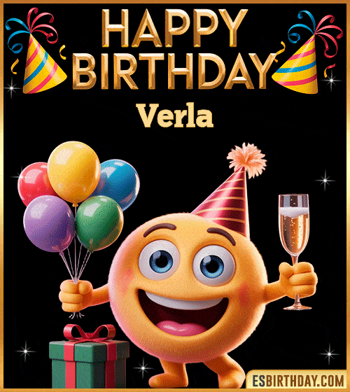 Happy Birthday Verla PNG image with a smiling emoji holding balloons and a glass of champagne, perfect cheerful picture to celebrate birthdays