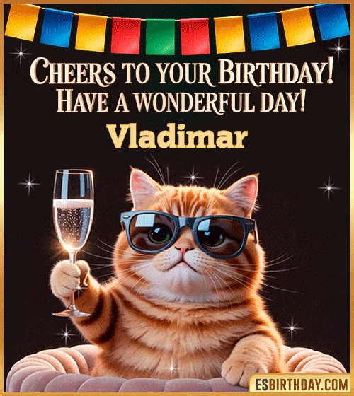 Funny happy birthday GIF for Vladimar featuring a cool cat wearing sunglasses holding a champagne glass – personalized animated birthday greeting with a cheerful and classy vibe