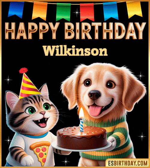 Cute funny happy birthday animated GIF with puppy and kitten celebrating, personalized for Wilkinson with cake and party hat, cheerful birthday greeting image