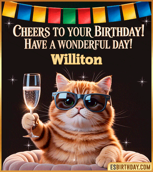 Funny Happy Birthday GIF – Cool Cat Toasting Animation for Williton Funny happy birthday GIF for Williton featuring a cool cat wearing sunglasses holding a champagne glass – personalized animated birthday greeting with a cheerful and classy vibe