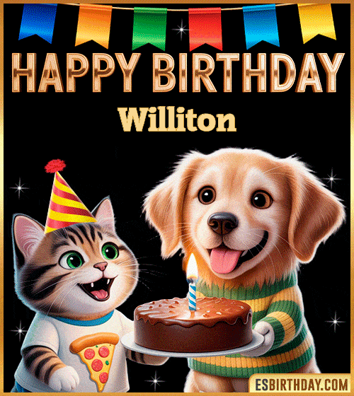 Cute funny happy birthday animated GIF with puppy and kitten celebrating, personalized for Williton with cake and party hat, cheerful birthday greeting image