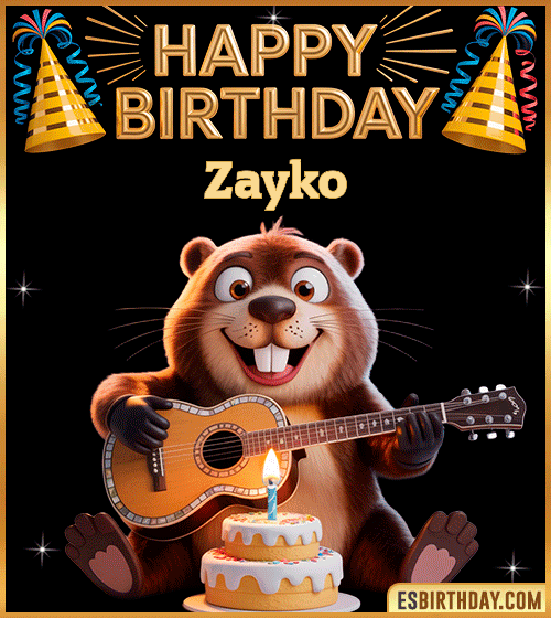 Funny Happy Birthday GIF for Zayko – a cute beaver playing guitar next to a birthday cake and colorful party decorations, sending warm and joyful birthday wishes.