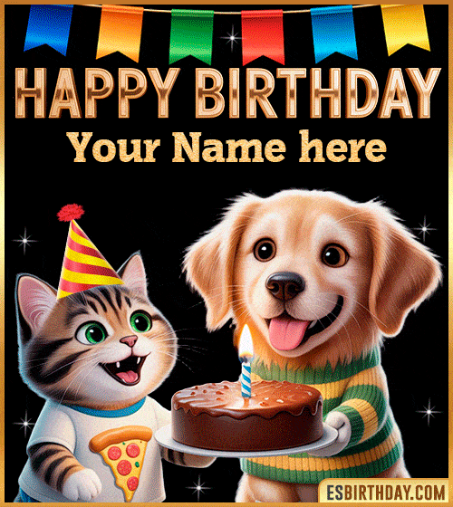 Cute Dog and Cat Birthday GIF, Happy Birthday Wishes  with name edit